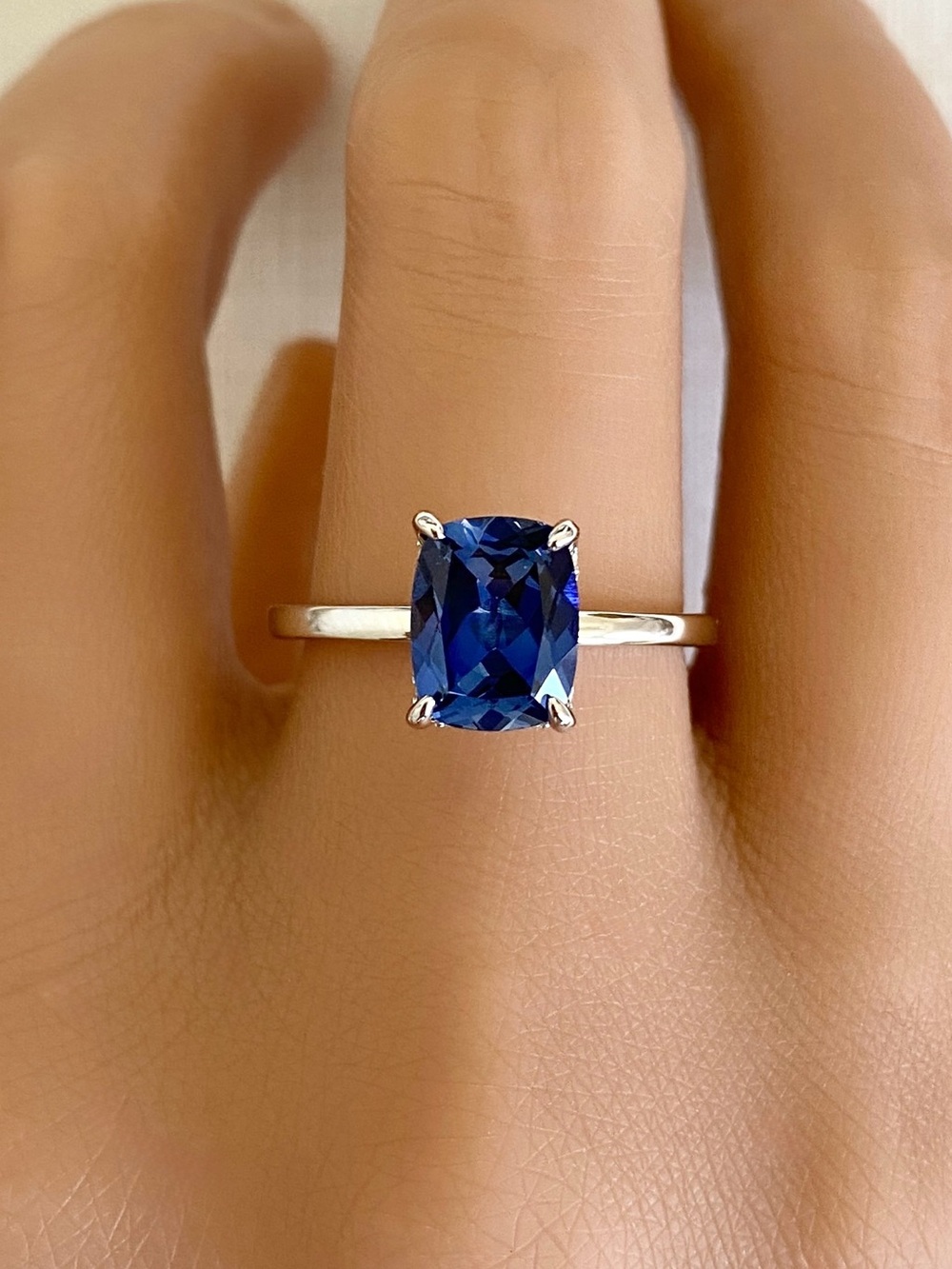 Long Cushion 3ct Blue Sapphire Hidden Halo CZ Solitaire Sterling Silver Ring